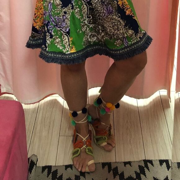 Boho genuine leather lace up Pom Pom sandals 8 - Picture 3 of 6